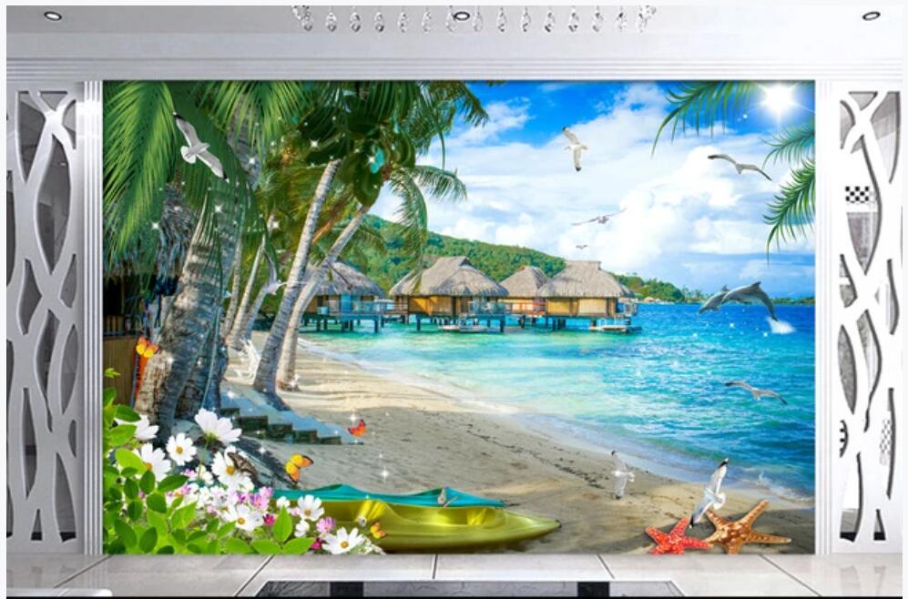 

3d room wallpaper custom photo Seaside seascape blue sea blue sky coconut tree living room home decor 3d wall murals wallpaper for walls 3 d, Non-woven