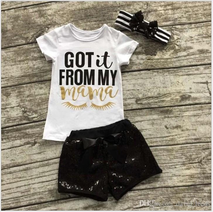 

2017 New Summer Baby Girl Clothing Sets Infant Toddler Short Sleeve T-shirts+Sequined Shorts+Striped Headbands 3pcs Set Kids Outfits 80-120, As picture