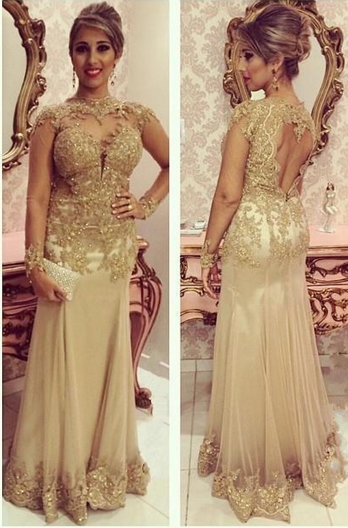 

Amazing Gold Long Sleeves Mother of the Bride Groom Dresses Applique Lace Plus size Keyhole Back Party Evening prom Dress