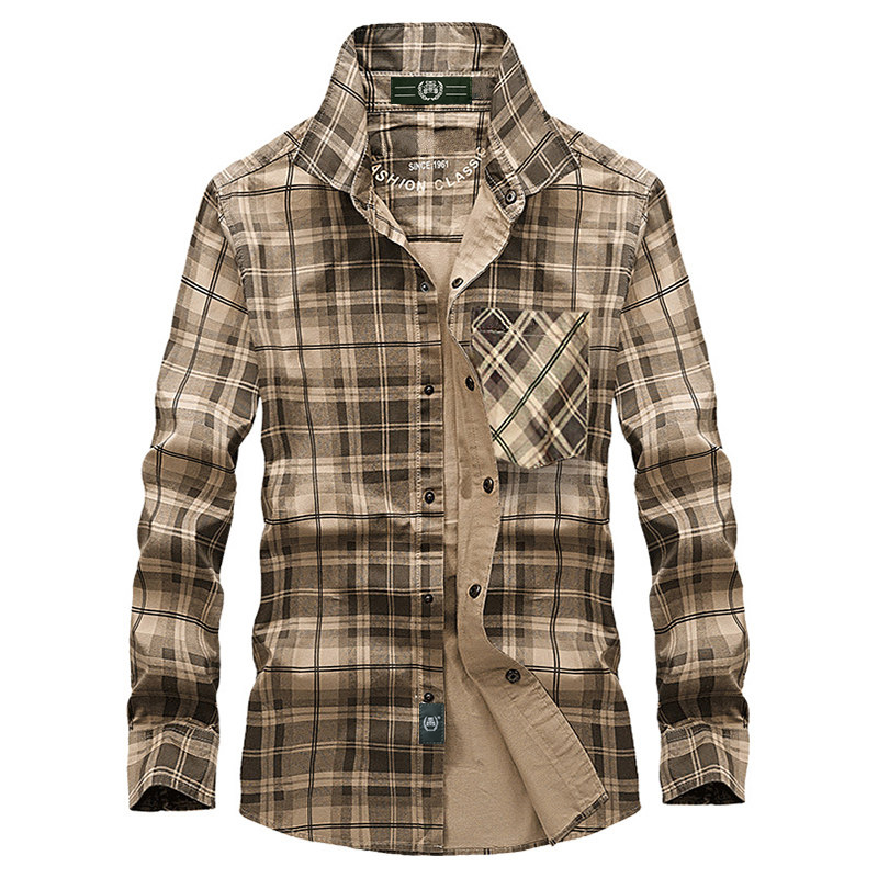 

VINRUMIKA 2020 European men autumn casual brand 100% cotton green plaid shirt man spring khaki grid long sleeve shirts, Zdb222 khaki grid