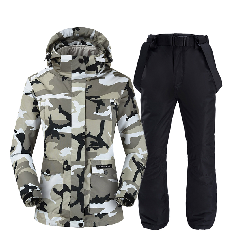 

two-layer Camouflage Women Snow Suit Snowboarding Clothing Winter Outdoor Sports wear Waterproof ski jackets + snow belt pants, Picture jacket pant