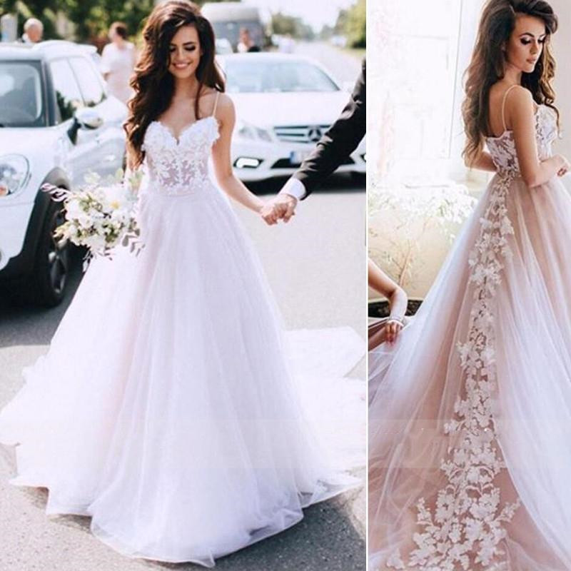 

Charming Spaghetti Straps Wedding Dress A Line Lace Appliques Backless Wedding Gowns Vintage Sleeveless Bride Dress, Ivory