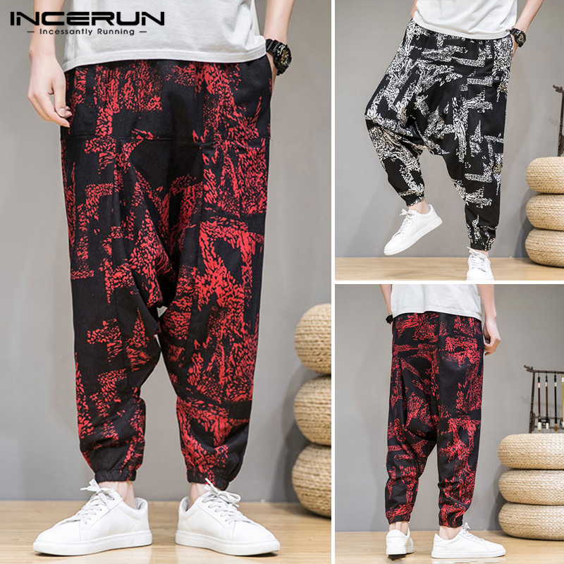 

INCERUN Man Vintage Leisure Baggy Trousers Man Fashion Harem Pants Casual Loose Cotton Printed Joggers Drop Crotch Pants S-5XL 7, Black
