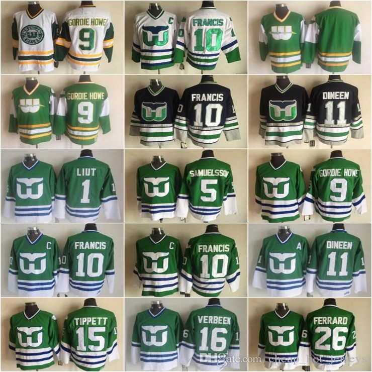 

Hartford Whalers 10 Ron Francis 11 Kevin Dineen 16 Patrick Verbeek 26 Ray Ferraro 5 Ulf Samuelsson 1 Mike Liut 9 Gordie Howe Dave Tippett, Black;red