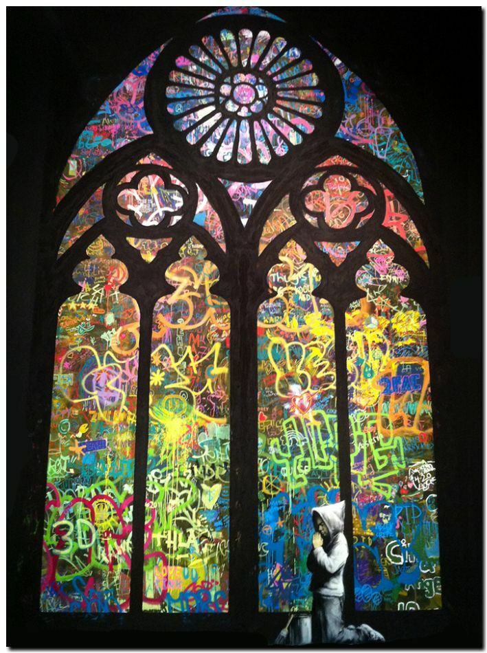 

BANKSY STREET ART Hooded guy Pray Cathedral Home Decor Handpainted &HD Print Oil Painting On Canvas Wall Art Canvas Pictures 191117