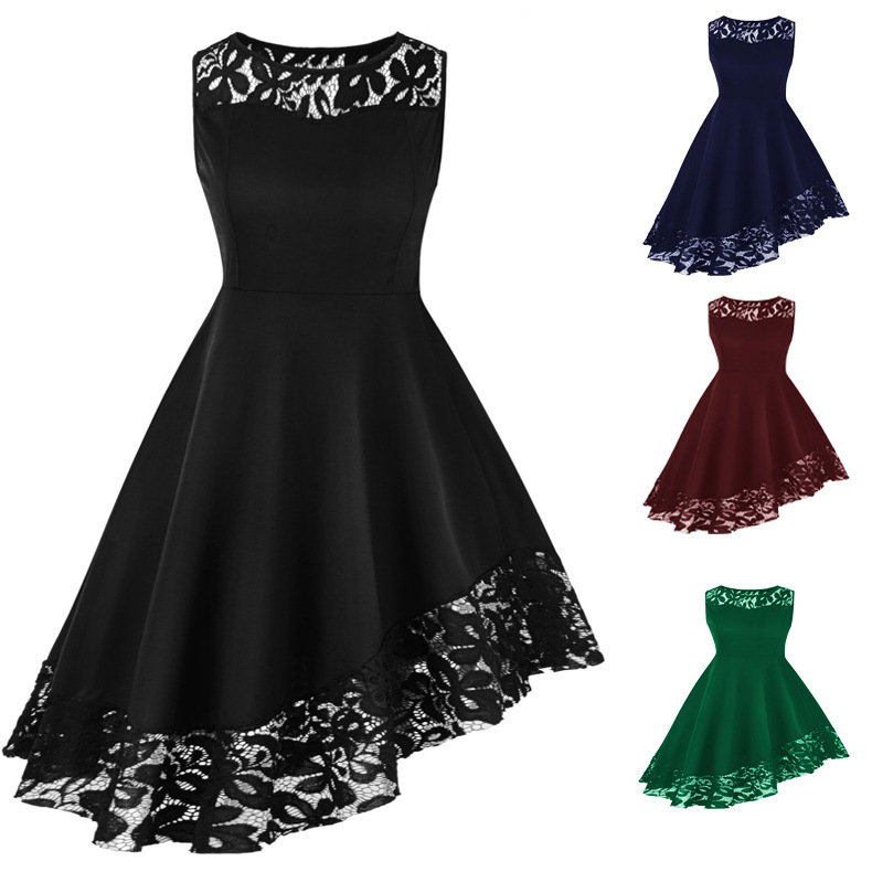 

BacklakeGirls Plus Size Cocktail Dresses Sexy Round Neck Sleeveless Oblique Irregular Lace Short Prom Dress Vestido De Festa, Black