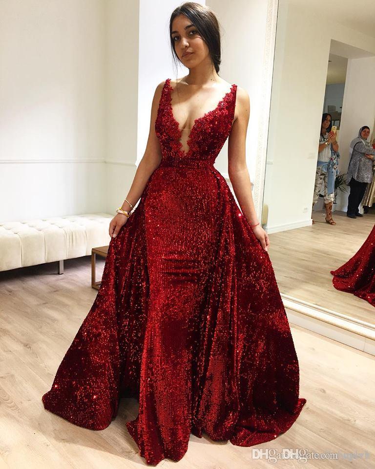 

Dark Red Sequined Mermaid Sexy V Neck Elegant Formal Evening Dresses Indian Zuhair Murad Celebrity Dresses South Africa, Champagne