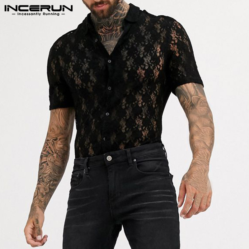 

Summer Men Lace Shirt Transparent Solid Color 2020 Short Sleeve Lapel Party Nightclub Shirts Men Slim Mesh Blouse Camisa INCERUN, Black shirt