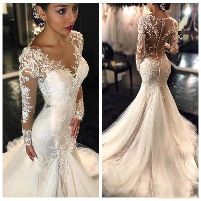 

Gorgeous White Lace Mermaid Wedding Gowns Dubai African Arabic Style Petite Long Sleeves Natural Slin Fishtail Bridal Dresses Plus Size