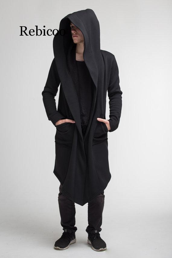 

Men Trench Coat Mens Jacket Spring Autumn Trench Cardigan Punk korean Men Coat Long outwear, Black