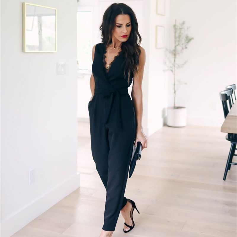 

Summer Jumpsuit Women V-neck Sashes Sleeveless black Lace Sexy Party Club Bodysuit Casual Bow Pockets Overalls Vestidos Elegant, 101148-black