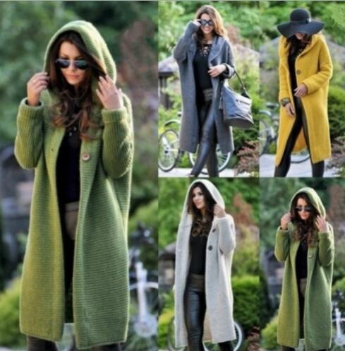 Womens Cardigan Sweaters Coats Spring Winter Single Breasted Hooded Long Coats Sweaters Ladies Loose Solid Color Knitted Tops Outerwear
