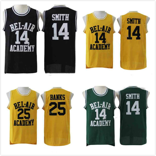 

The Fresh Prince of Bel-Air Stitched #14 Will Smith Basketball Jersey Academy Movie Version #25 Carlton Banks Jerseys Black Green Yellow, As show