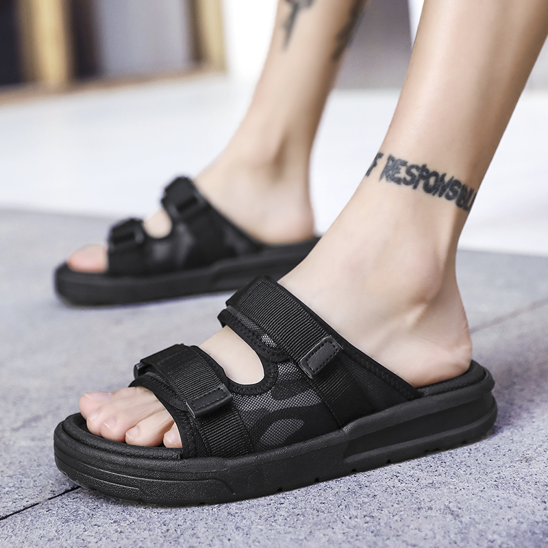 

Men's Sandals Summer Men Slippers Shoes Beach Slipper Open Toe Hook&loop Wear-resisting Sandals Schoenen Mannen, Black gray