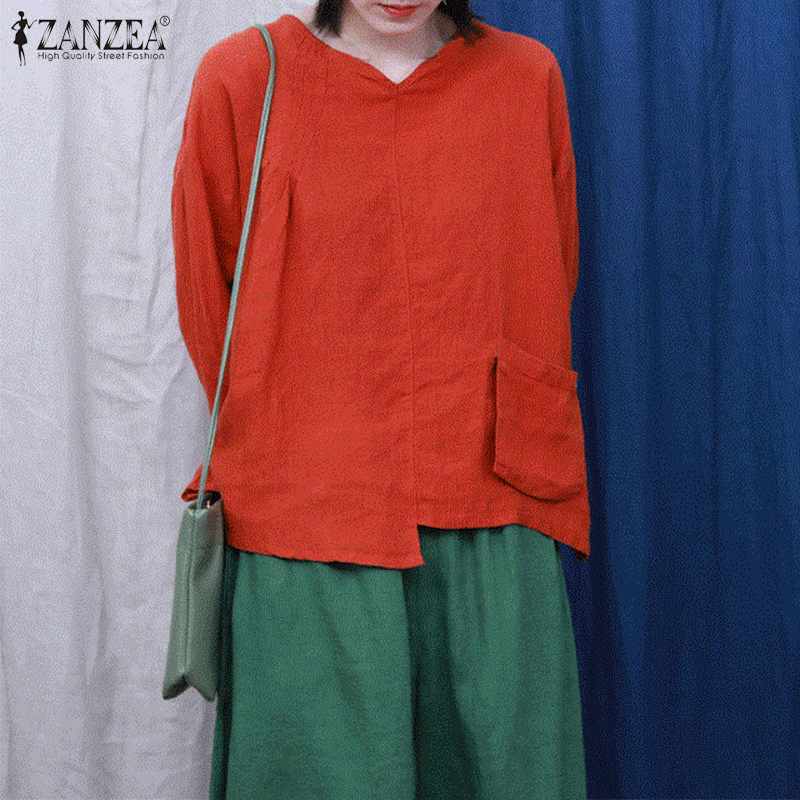 

ZANZEA Women V neck Long Sleeve Cotton Linen Blouse Vintage Autumn Casual Shirts Asymmetrical Tops Tunic Loose Solid Blusas 5XL, Beige