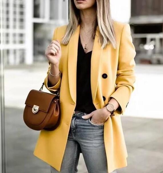 

2019 Spring New Women Yellow Color Blazers Double Breasted Elegant Office Blazers and Jackets, As pic