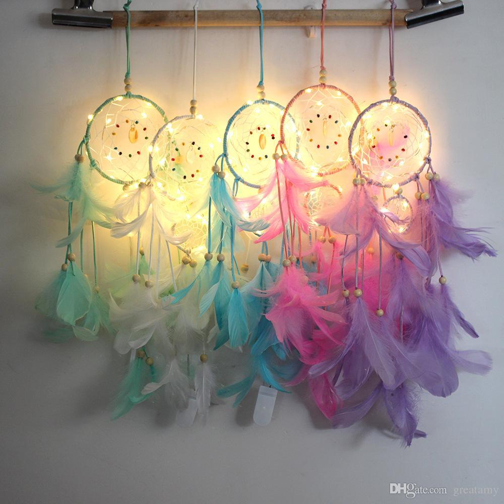 

LED Light Dream Catcher Handmade Feathers Car Home Wall Hanging Decoration Ornament Gift Dreamcatcher Wind Chime christmas birthday gifts
