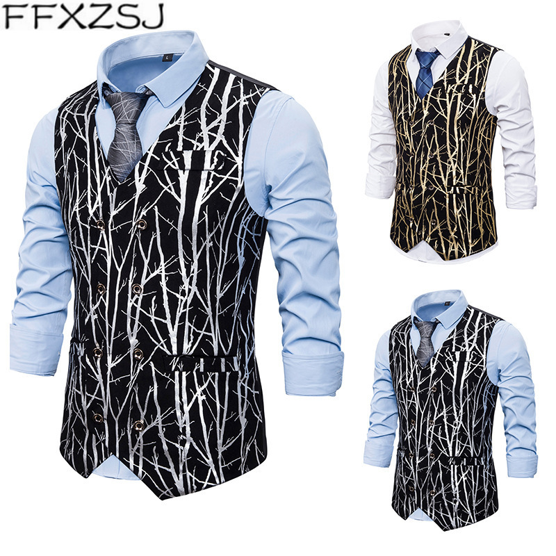 

FFXZSJ Men' new style individuality nightclub business printing leisure double breasted vest European and American sizes XXL, Gold