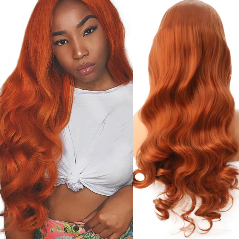 Top Quality Body Wave 24 inches Orange Color Wig Glueless Synthetic Lace Front Wig With Baby Hair Heat Resistant Hair Fashion Women Cosplay-image-452435230