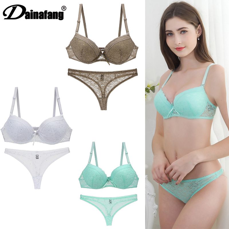 

New 2020 Lace Embroider Bars Set Womens Plus Size Push Up Underwear Bra and Panty Lingerie 32 34 36 38 ABC Cup For Lady, Clear