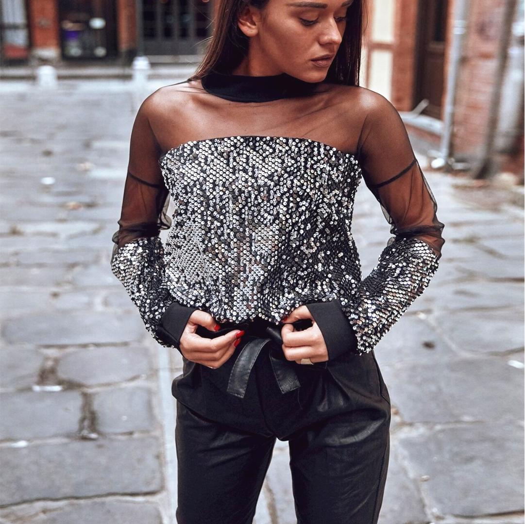 

women high street sequins mesh blouse new female long sleeve sequined see through vogue fashion tops clubwear ouotfits, Sequin tops