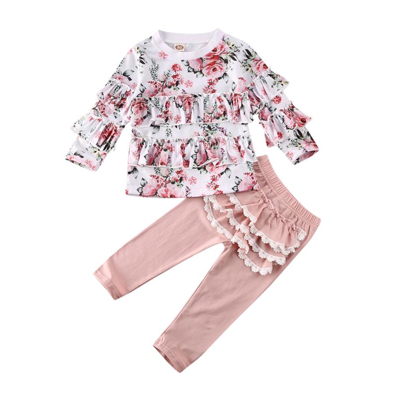 

Lovely Toddler Kid Baby Girl Floral Clothes Set Tracksuit Floral Long Sleeve Tops T-Shirt Ruffle Pants Outfits 2Pcs, Pink
