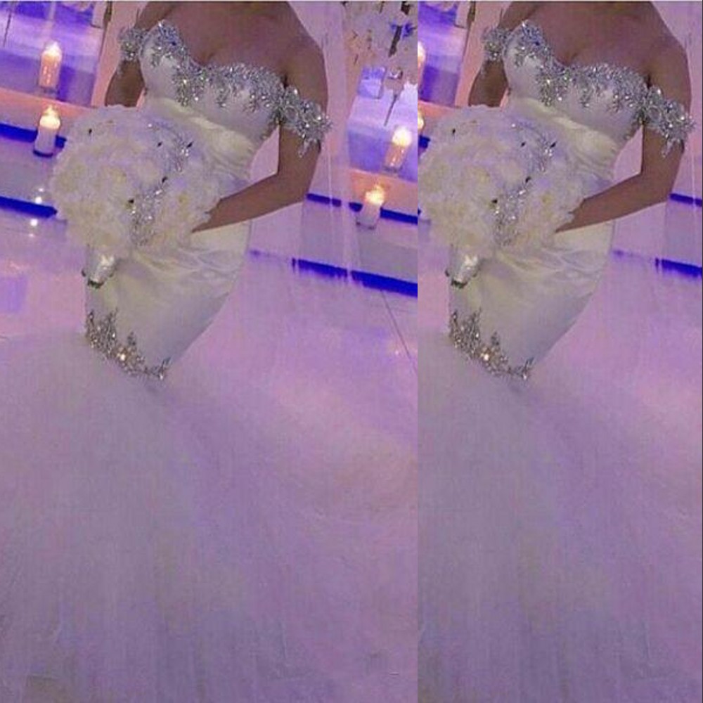 

New Cheap Mermaid Wedding Dresses Lace Appliques Crystal Beads Off Shoulder Court Train Tulle Custom Plus Size Vestidos Formal Bridal Gowns, Ivory