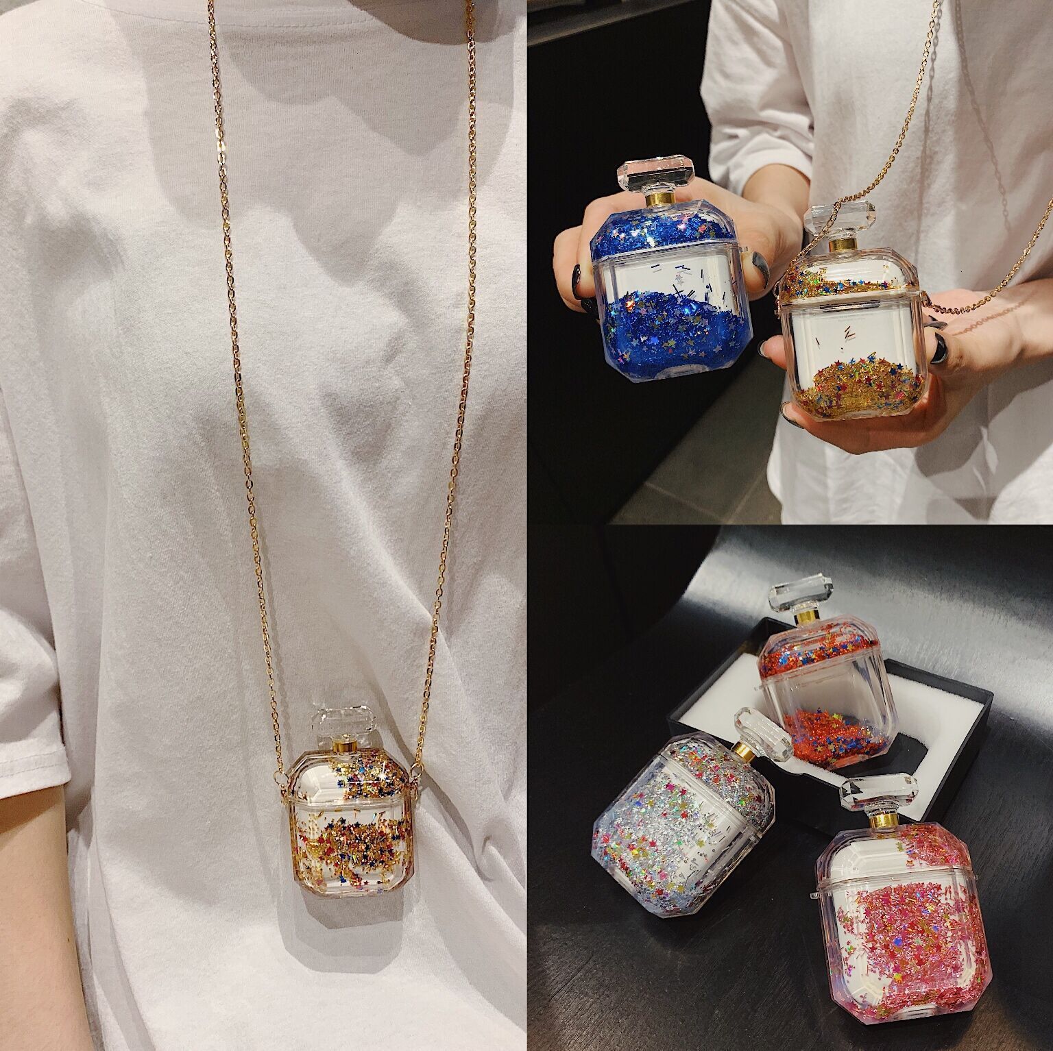 

Free Ship Quicksand Perfume Bottle Headphone Cover with Lanyard For AirPods Bluetooth Wireless Headset Silicone Charging Case Accessories