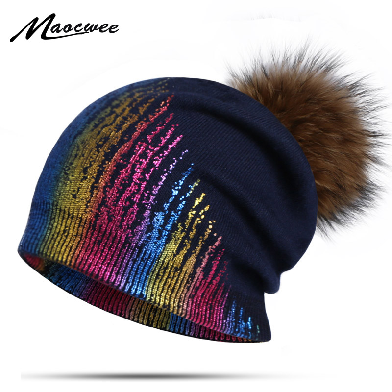 

Winter Women's Beanies Hat Skullies Warm Soft Cotton Multiple Cap Pompon Real Fur Fluffy Hats Pompon Caps Hat Female Girls