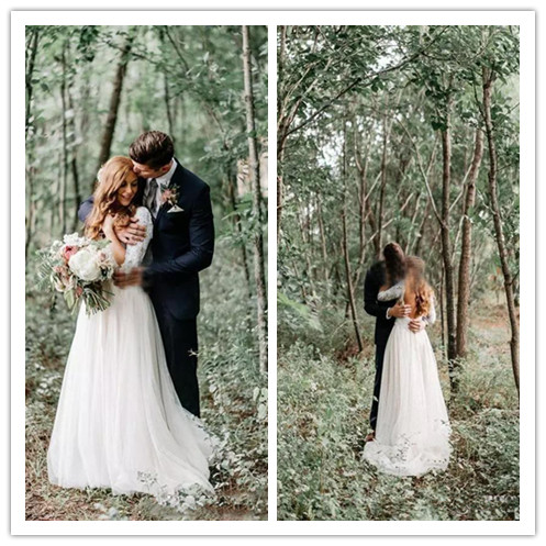 

2019 Lace Long Sleeves Modest Country Wedding Dresses V Neck Floor Long Chiffon Bohemian Bridal Gowns Plus Size, Gray