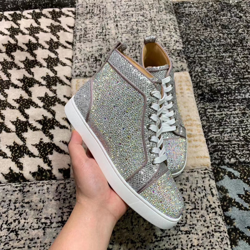 Vente en gros chaussures de fond rouge strass brillant cuir de paillettes en plein air Casual Baskets High Top Fashion Femmes, Hommes Designer Wa