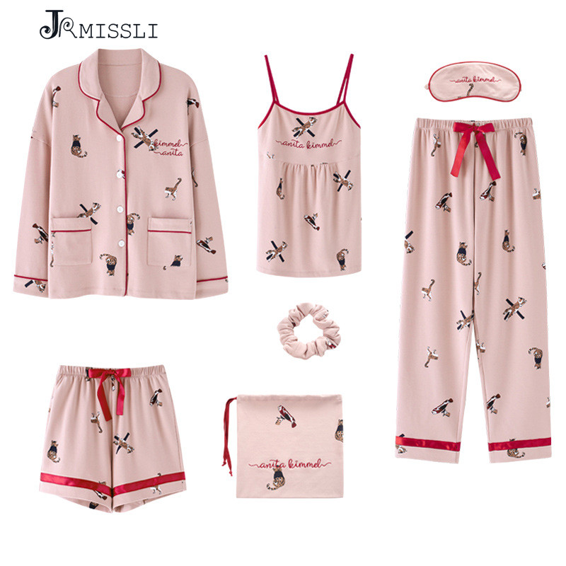 

JRMISSLI 100% Cotton Women 7 Pieces Pajamas Sets Women Pajamas Sleepwear Sets Spring Homewear Top And Shorts