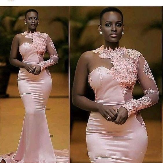 

2020 Saudi Arabic One Shoulder Long Sleeve Evening Prom Dresses High Neck Pink Lace Mermaid Plus Size Special Occasion Dress Black Girls, Dark red