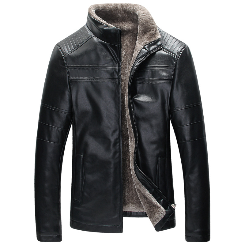 

Men's PU leather jacket with thick warm fur collar fur coat, Black