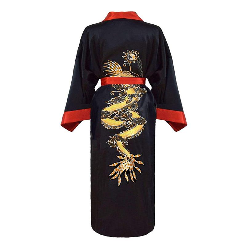 

Embroidery Dragon Kimono Robe Gown Female Casual Bathrobe Gown Lounge Negligee Novelty Satin  Loose Sleepwear Nightwear, Red black