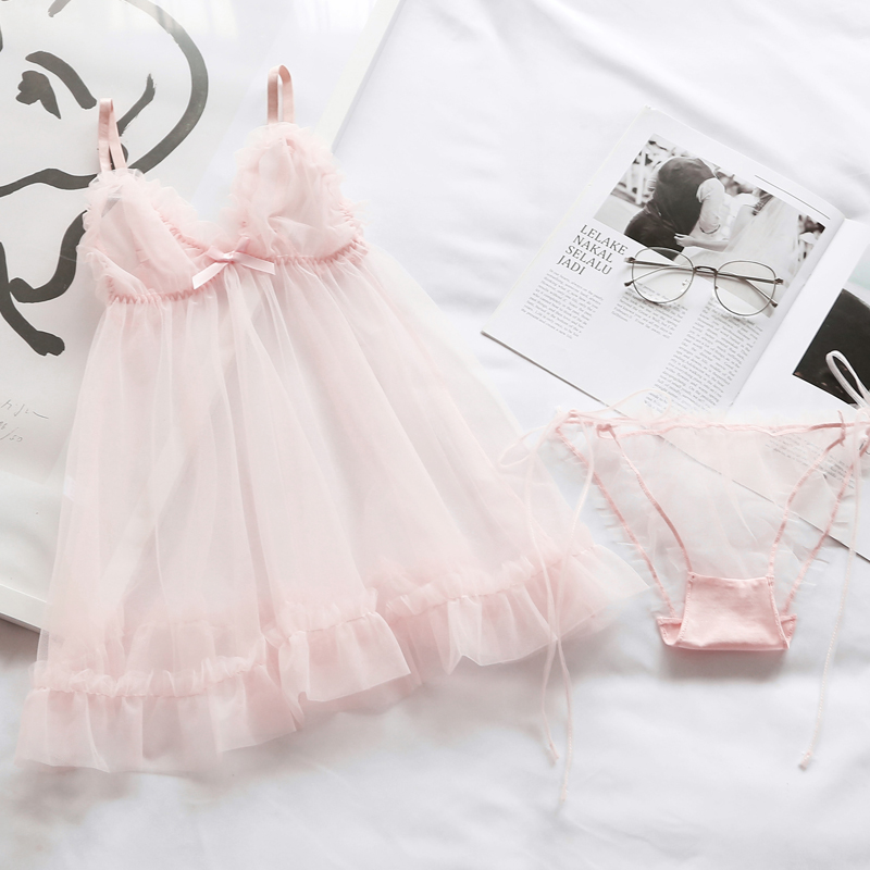

Fresh Pink Sexy Nightdress Underwear Gauze Dress Lovely Sleepwear Lotus Leaf Edge Women Princess Lingerie Set Sleeping Dress