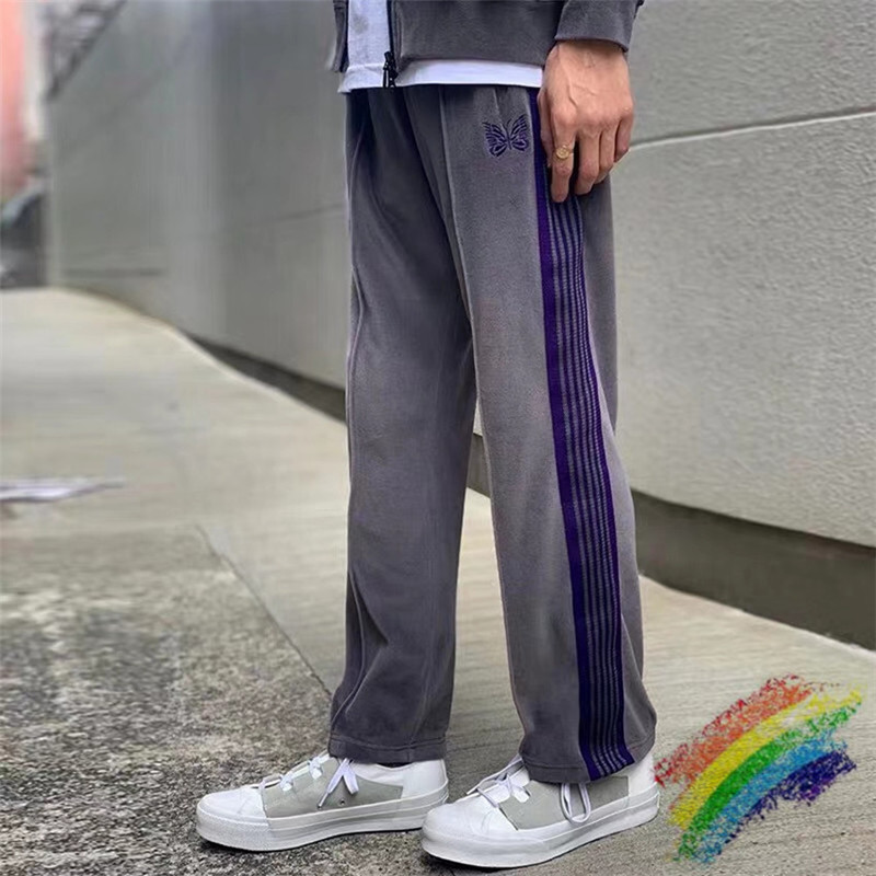 

New AWGE Needles Sweatpants Men Women High Quality Butterfly Embroidery AWGE Pants Joggers Striped Velvet Needles Sweatpants5006132, Beige