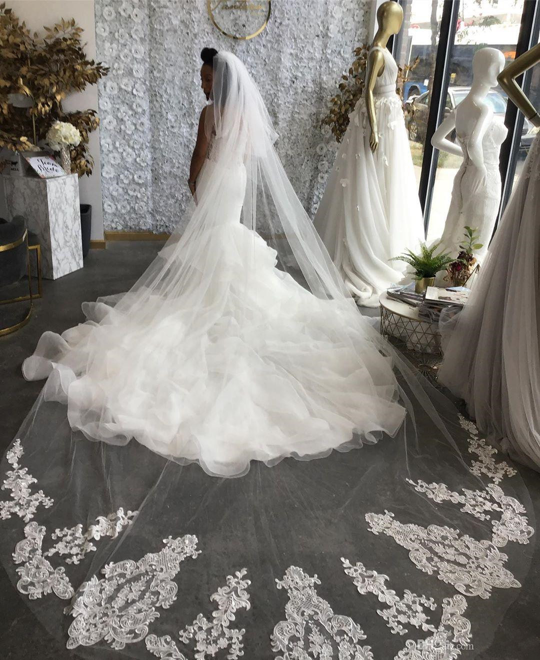 

2T Vestido De Noiva Wedding Veil Cathedral Length 3M Long Lace Appliqued Bridal Veil Accessories with Free Comb, White