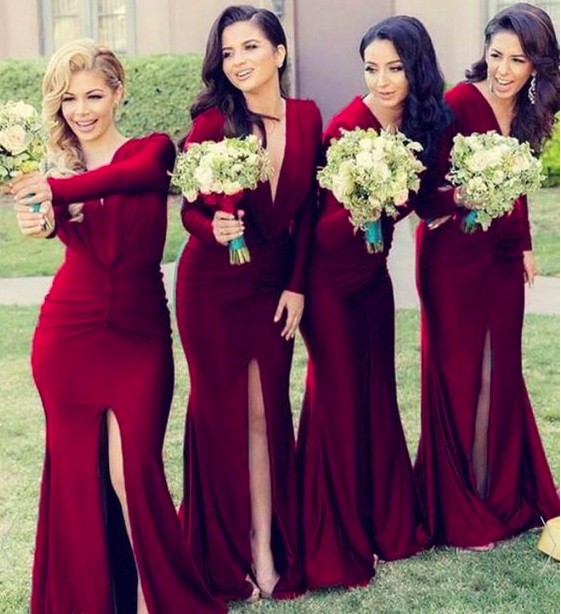 

Dark Red Long Sleeve Winter Bridesmaids Dresses 2020 Deep V-neck Pleated Front Slit Prom Party Formal Elegant Evening Gowns Wedding Guest