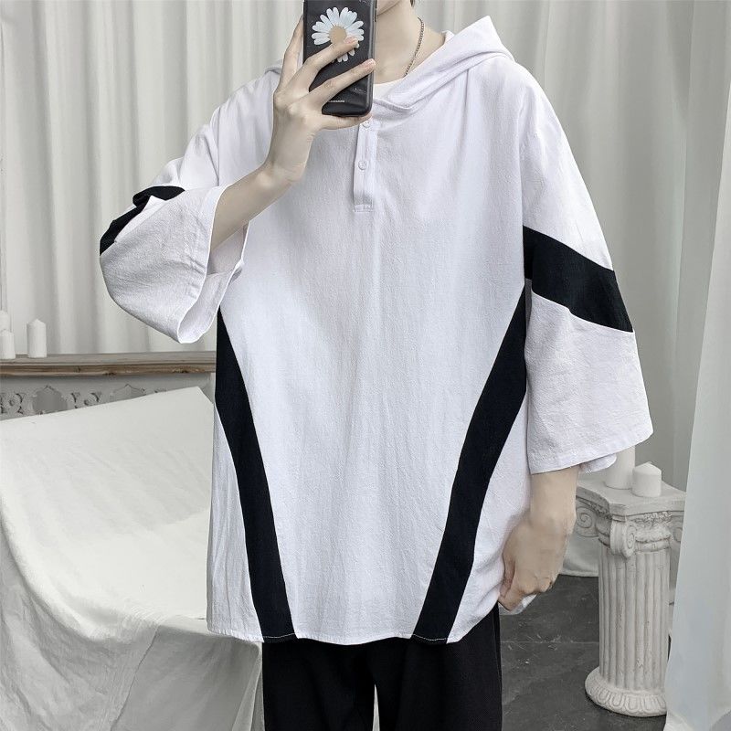 

2020 Spring And Summer New Youth Popular Men's Loose Hooded 3/4 Sleeve Sweatshirt Fashion Casual Pullover Black/white