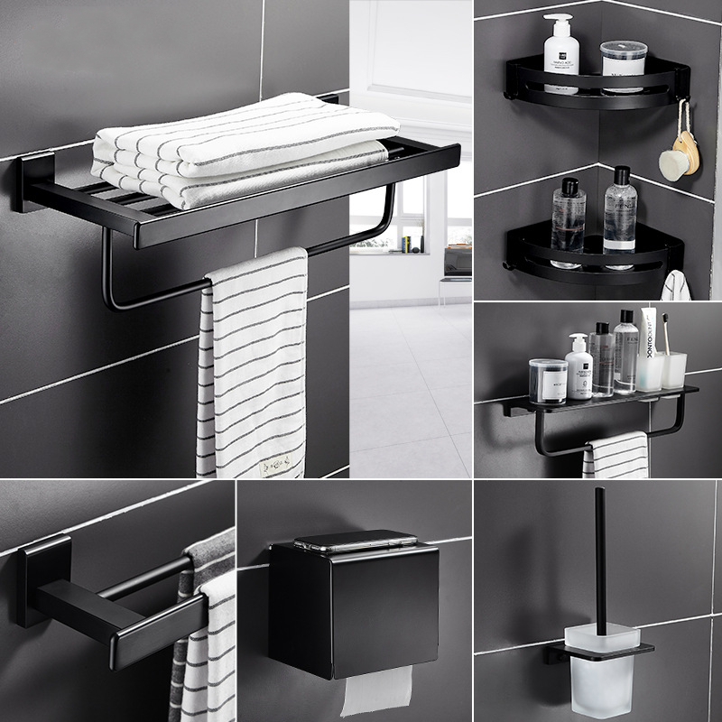 

Black Aluminum Alloy Bathroom Accessories Set Toilet Paper Holder Towel Shelf Brush Rack Soap Dish Storage Shower Caddy Hook