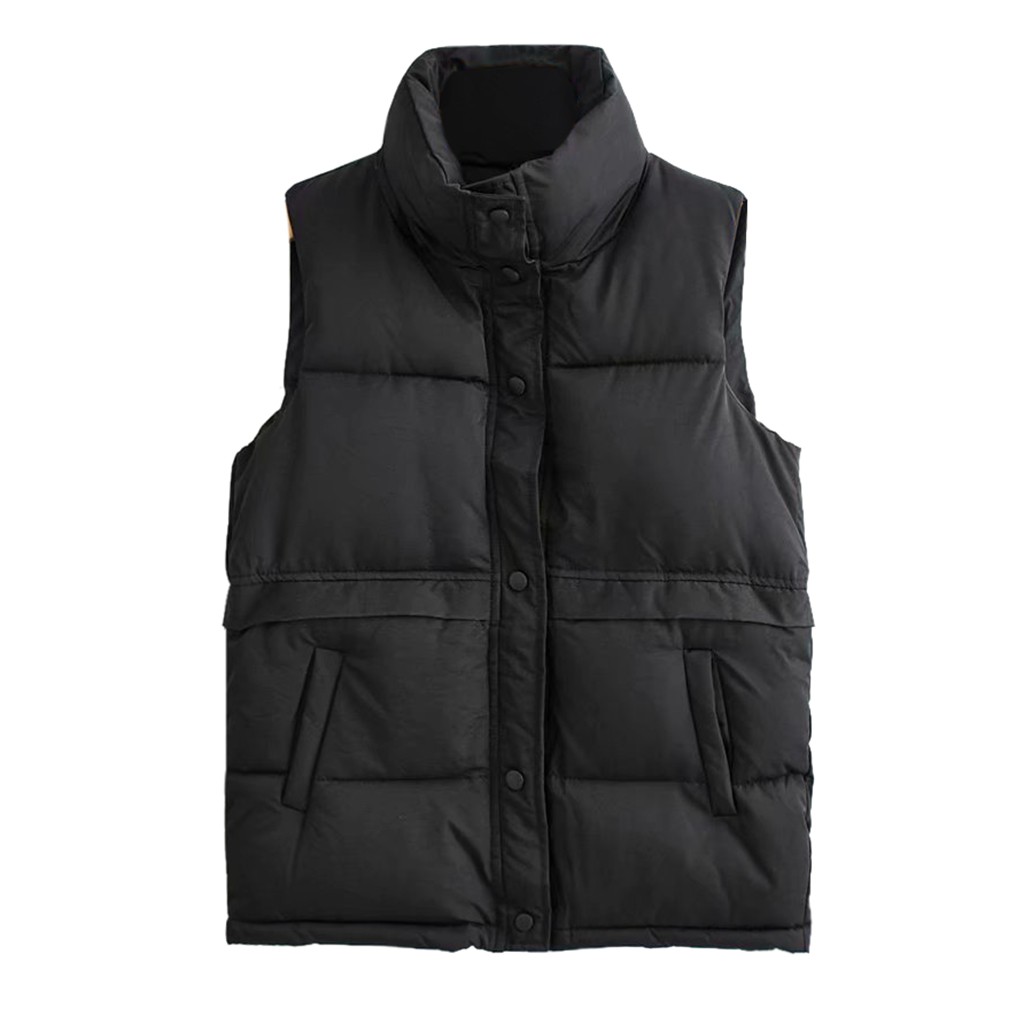 

Women Solid Short Outerwear Womens Vest Jackets Cotton Sleeveless Jackets Female Pocket Loose Casual Stand Vest Coats 2019, Black