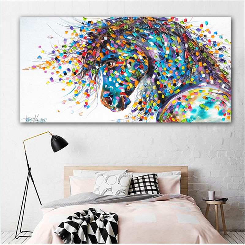

ART Canvas Horse Oil Painting On Canvas Abstract Colorful Animal Pictures For Living Room Decoration Wall Art 191005