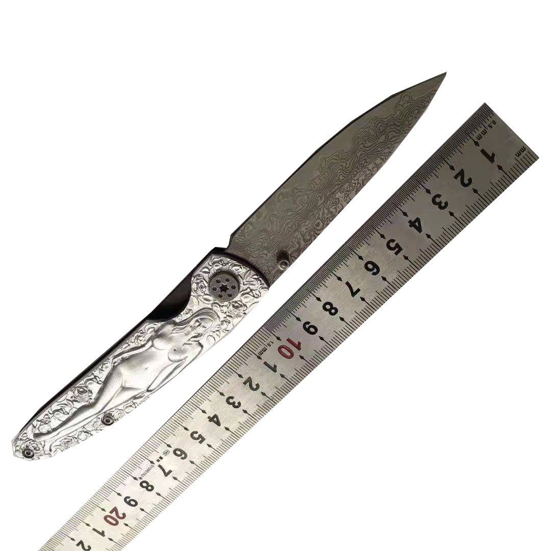 

Fk-52 VG10 Damascus Mermaid Folding Pocket Knife with Stainless Steel Carved Beauty Outdoor Camping Knife EDC Collection Knife as Gift