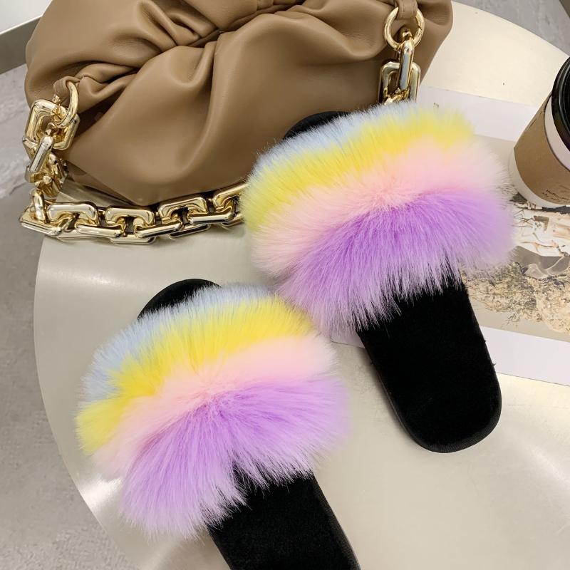 

Mudibear Women's Slippers Furry Faux Flip Flops Home Flat Sandals Winter Ladies Rainbow Shoes Fur Slides Fluffy Warm Slippers, Colorful c