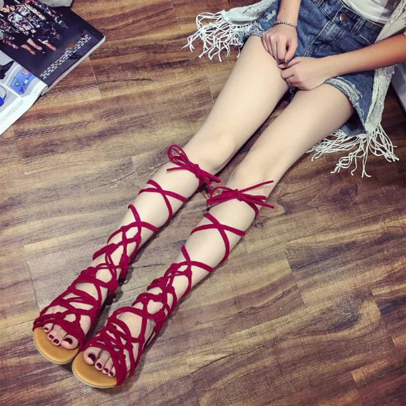 

Cross-tied Over The Knee Long Summer Style Rome Gladiator Sandals Shoes Flats Black Red Shoes For Women Plus Size 35-41