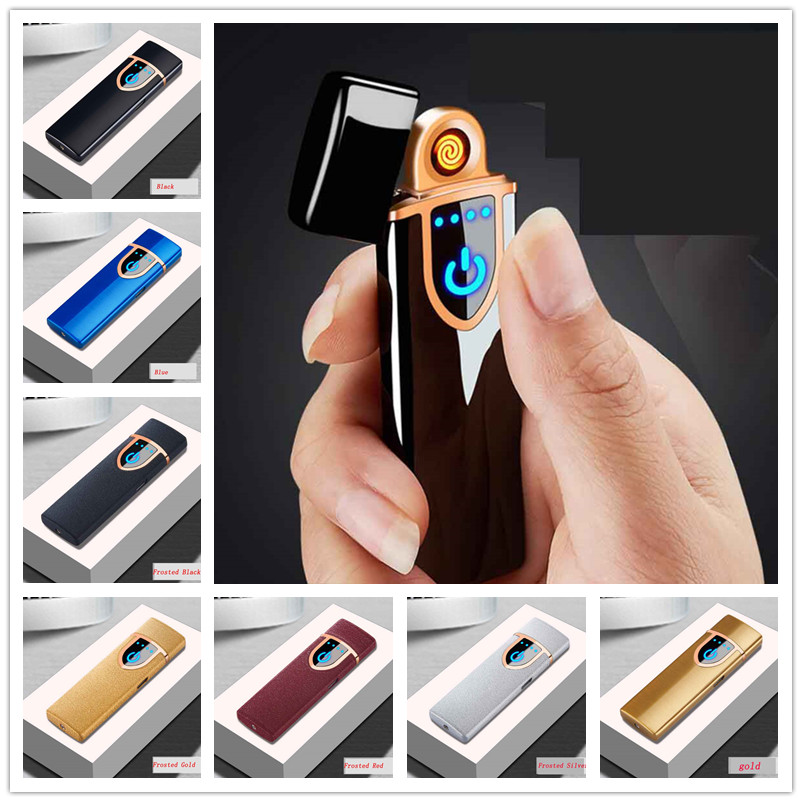 

Double Face Fingerprint Touch Sensor Cigarette Lighter Rechargeable Metal Pulse USB LCD Flameless Smoking Lighters With Gift Box 8 Colors