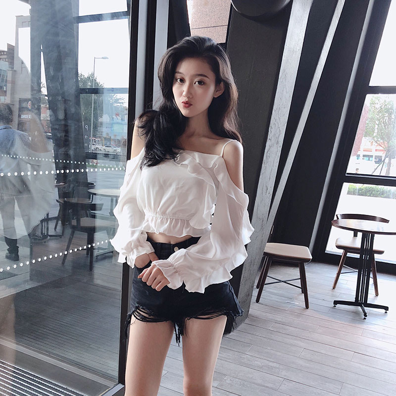 

Spring summer chic Women's Clothing Vintage Tops New Fashion Chiffon Crop Top Ruffles Slash Neck Spaghetti Strap Blouses Shirts, Black