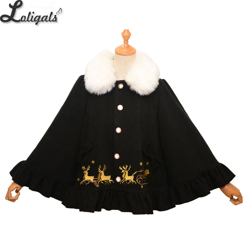 

Sweet Warm Winter Lolita Cape Coat Mi-lu Embroidered Women' Coat, Black