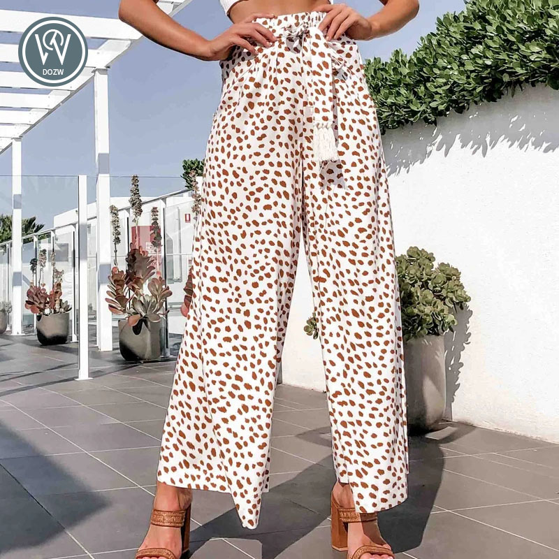 

Dot Print Cotton Wide Leg Pants Women Holiday Beach Tassel Sash Pants Female Summer Elastic High Waist Trousers 2020, White